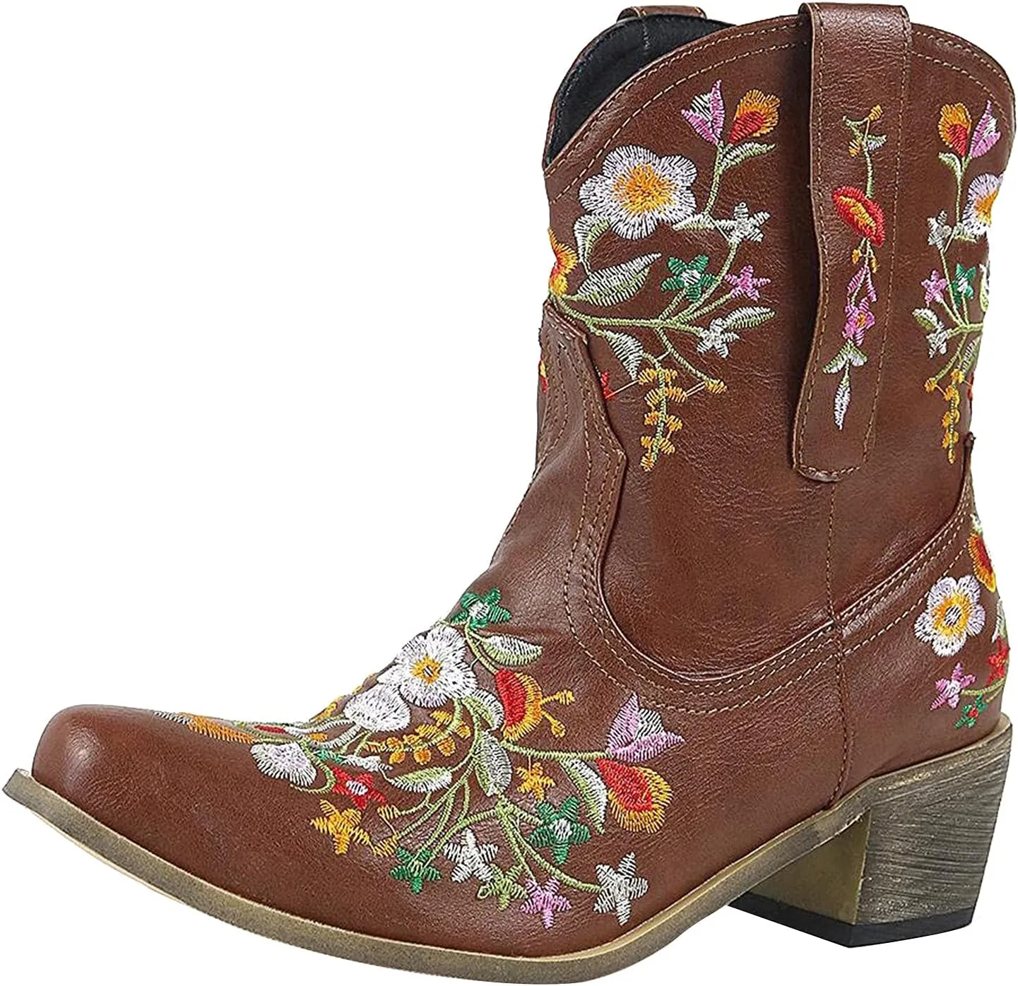 Wide Calf Cowboy Boots Cowgirl Booties for Women Embroidered Chunky Heel Pointed Toe Western Boots Pull On Boots