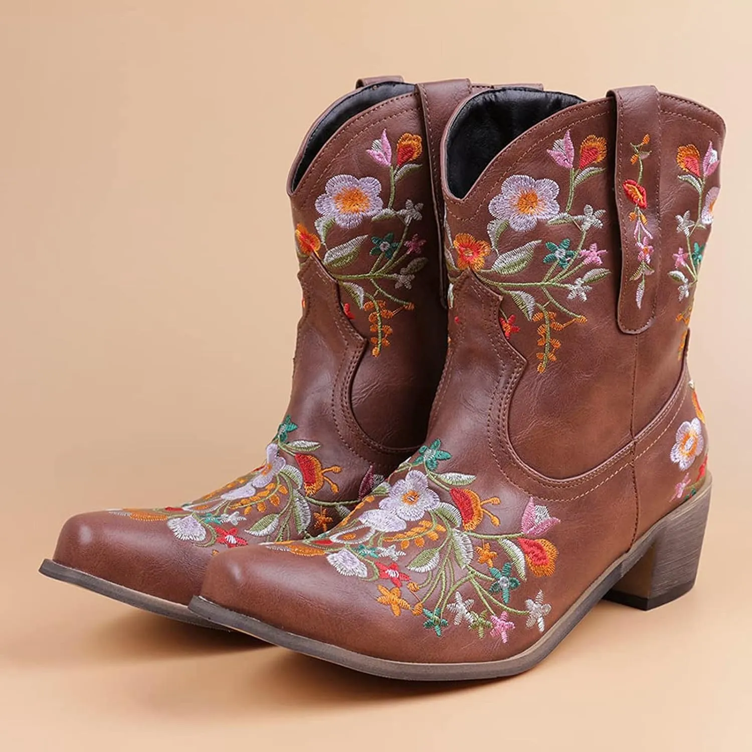 Wide Calf Cowboy Boots Cowgirl Booties for Women Embroidered Chunky Heel Pointed Toe Western Boots Pull On Boots