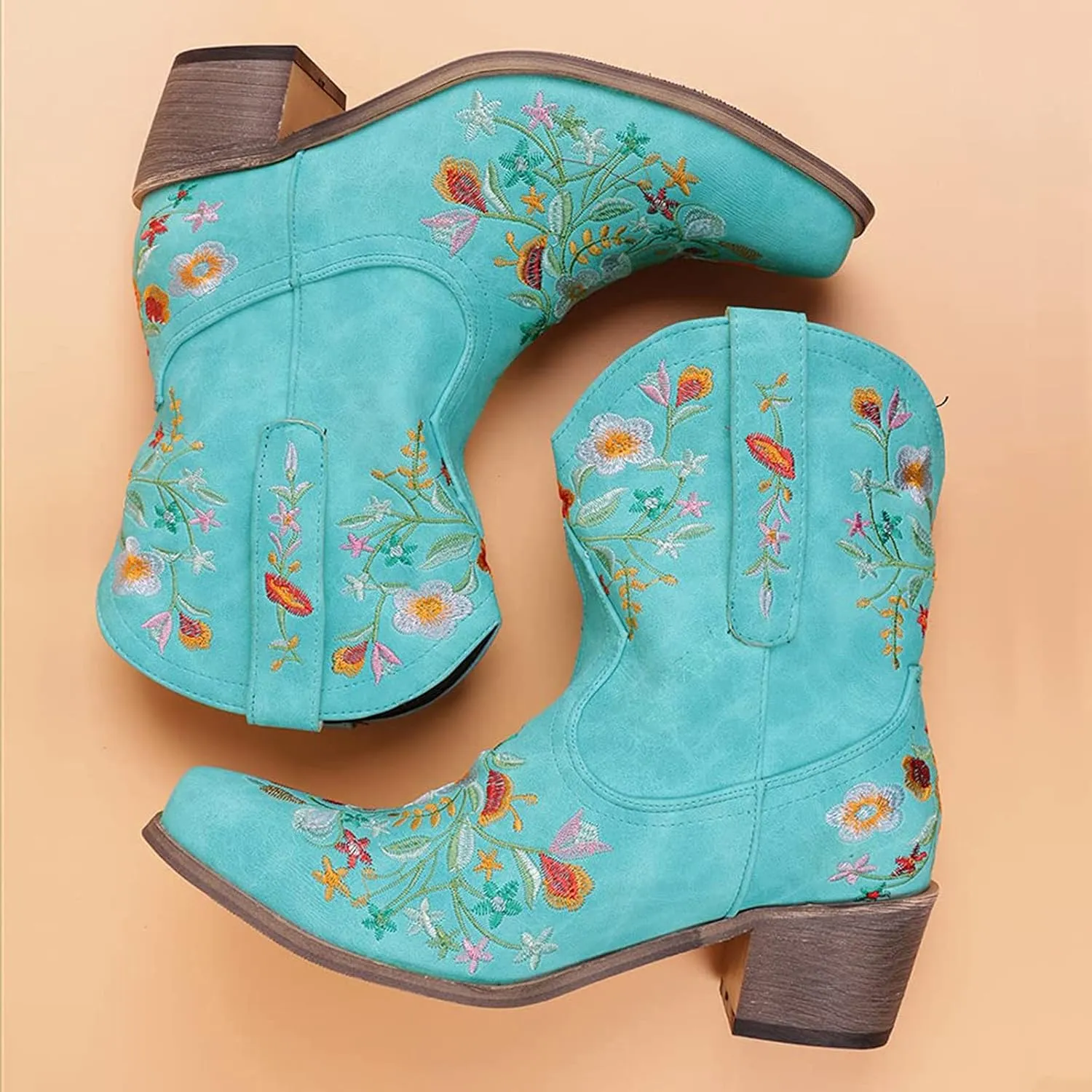 Women Ankle Cowgirl Boots Western Short Boots Women Flower Embroidered Ankle Cowgirl Chunky Heel Pull On Short Boots