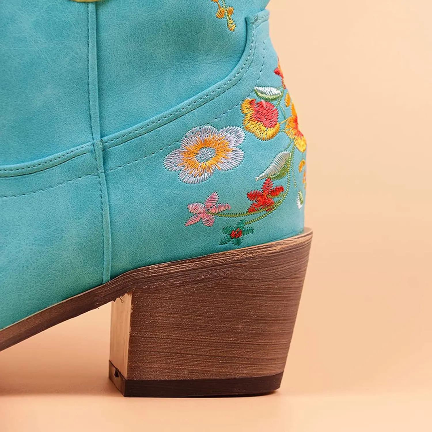 Women Ankle Cowgirl Boots Western Short Boots Women Flower Embroidered Ankle Cowgirl Chunky Heel Pull On Short Boots