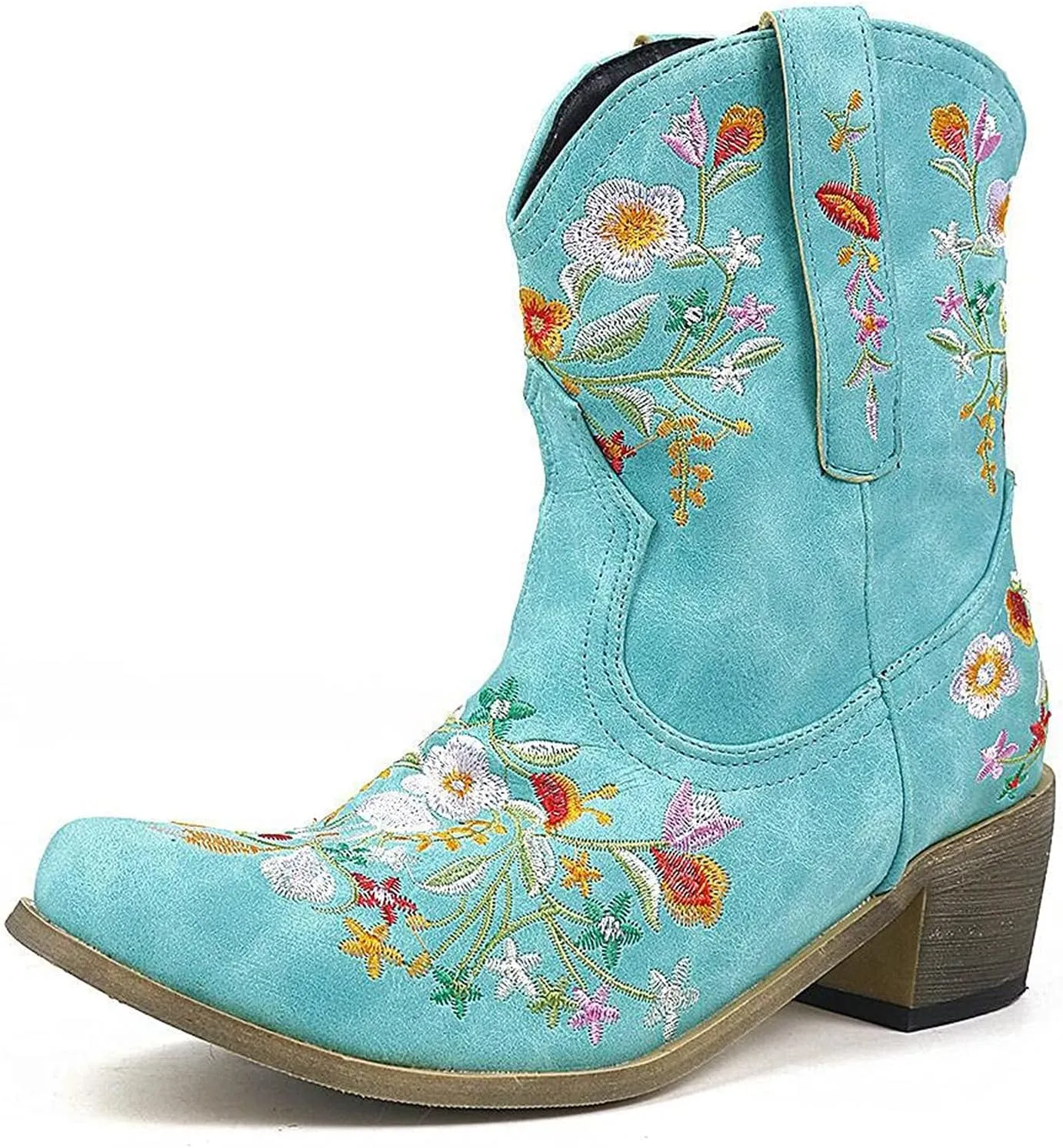 Women Ankle Cowgirl Boots Western Short Boots Women Flower Embroidered Ankle Cowgirl Chunky Heel Pull On Short Boots