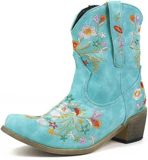 Women Ankle Cowgirl Boots Western Short Boots Women Flower Embroidered Ankle Cowgirl Chunky Heel Pull On Short Boots