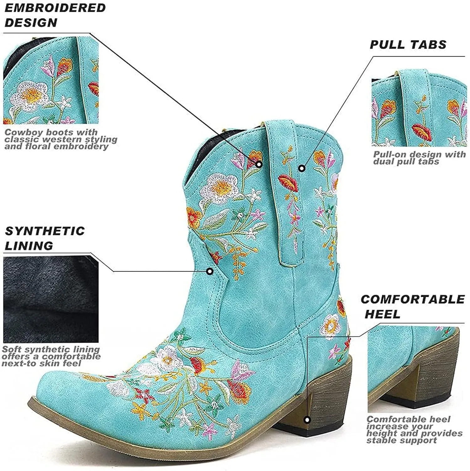 Women Ankle Cowgirl Boots Western Short Boots Women Flower Embroidered Ankle Cowgirl Chunky Heel Pull On Short Boots