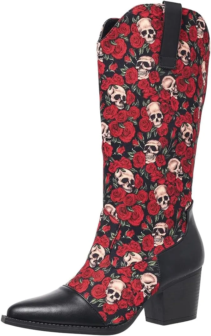 Women Skull Embroidered Boots Pointed Toe Chunky Low Heel Mid Calf Boots Party Prom Dress Western Booties