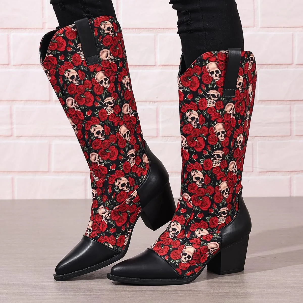 Women Skull Embroidered Boots Pointed Toe Chunky Low Heel Mid Calf Boots Party Prom Dress Western Booties