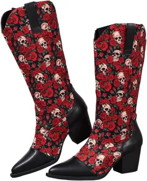 Women Skull Embroidered Boots Pointed Toe Chunky Low Heel Mid Calf Boots Party Prom Dress Western Booties