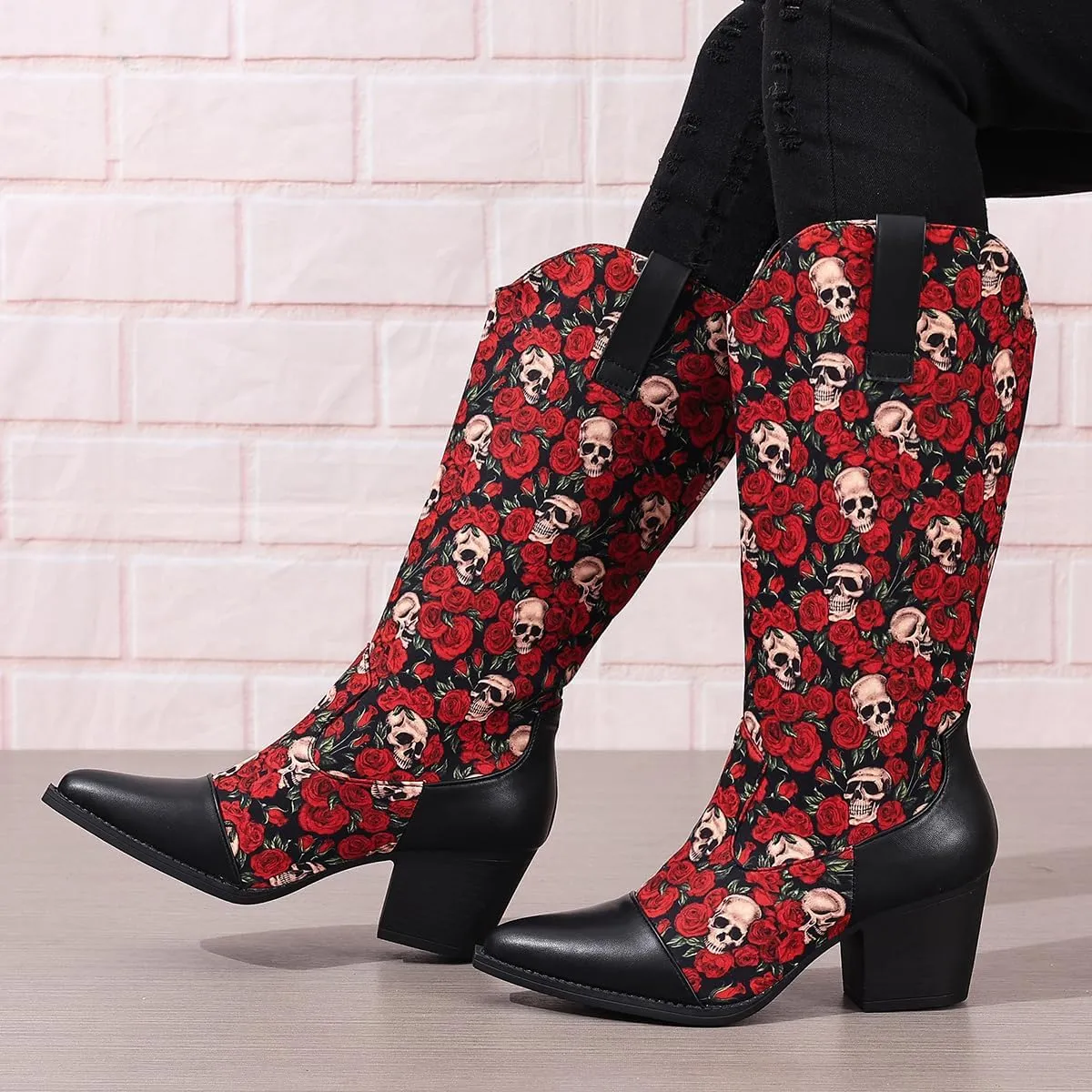 Women Skull Embroidered Boots Pointed Toe Chunky Low Heel Mid Calf Boots Party Prom Dress Western Booties