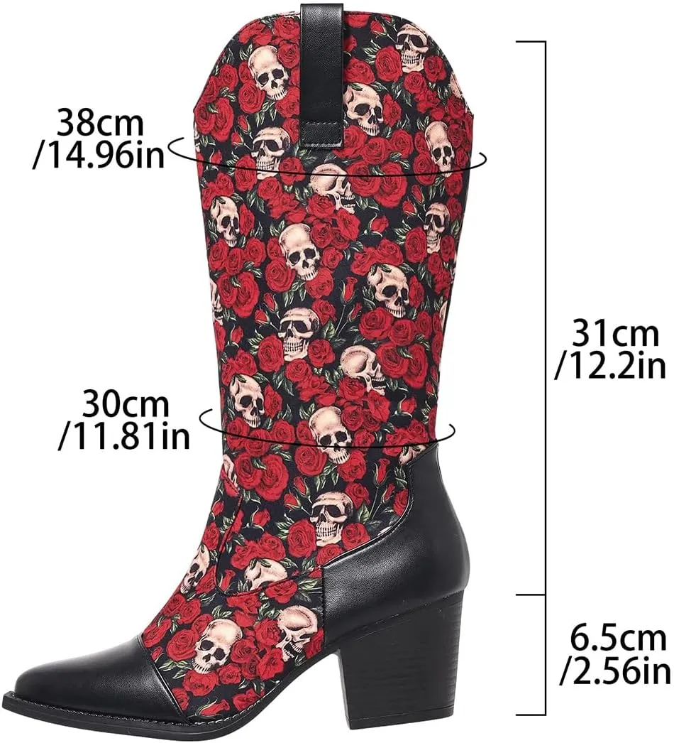 Women Skull Embroidered Boots Pointed Toe Chunky Low Heel Mid Calf Boots Party Prom Dress Western Booties