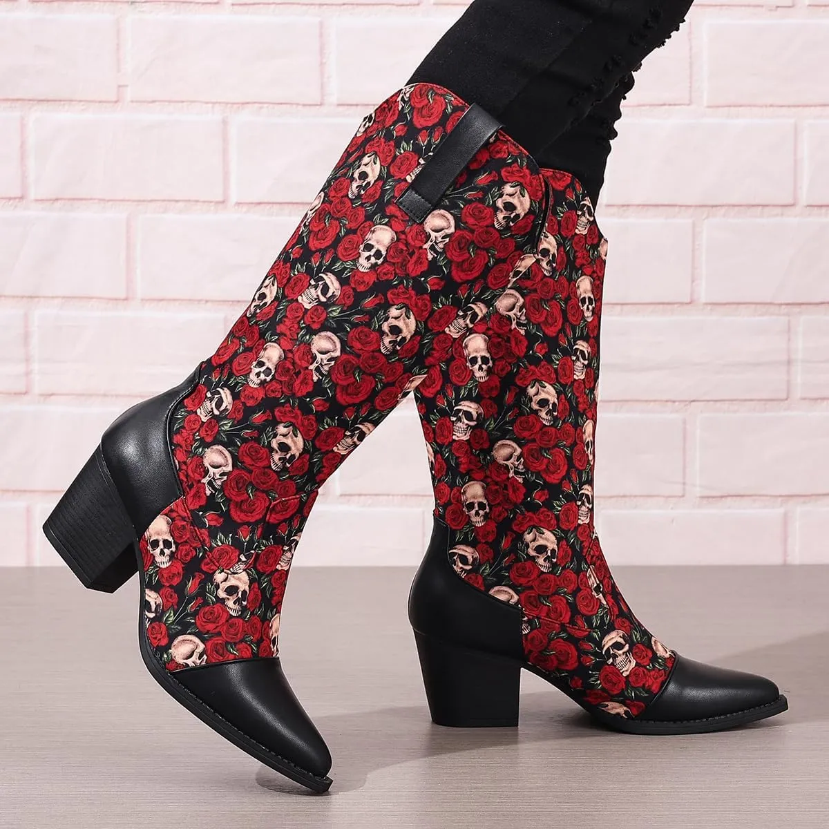 Women Skull Embroidered Boots Pointed Toe Chunky Low Heel Mid Calf Boots Party Prom Dress Western Booties