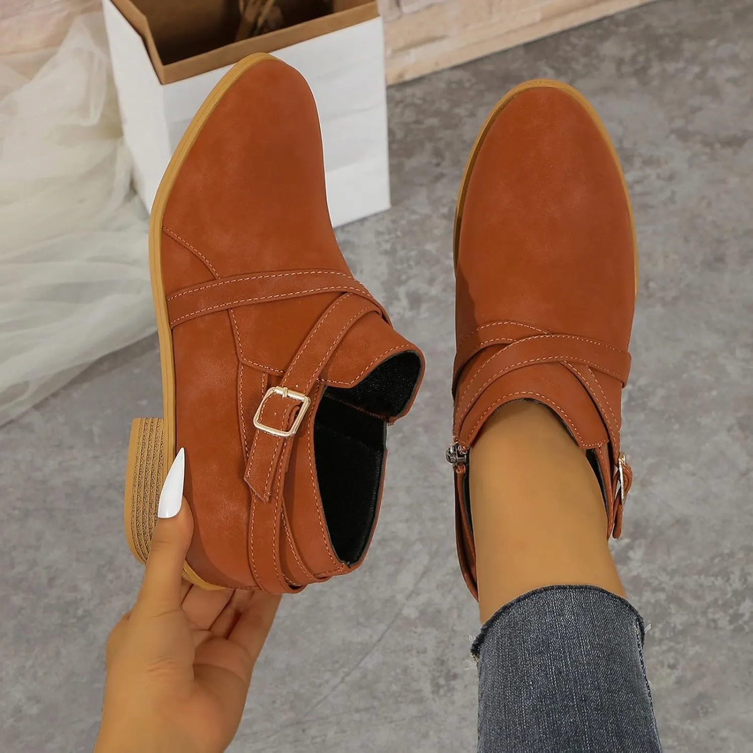 Womens Booties Low Heel Square Toe Ankle Boots Cowboy Boots for Women Mid Calf Womens Taupe Boots Womens Wide Width Booties and Ankle Boots Womens Wide Width Ankle Booties