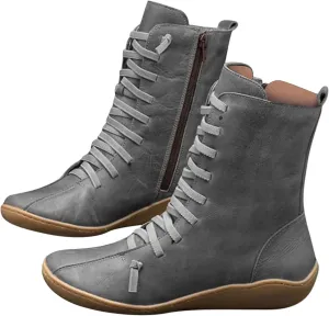 Women's Casual Boots Work Boots for Women Wide WidthWomen's Retro Mid-Calf Boots Solid Color Lace-up Short Boots