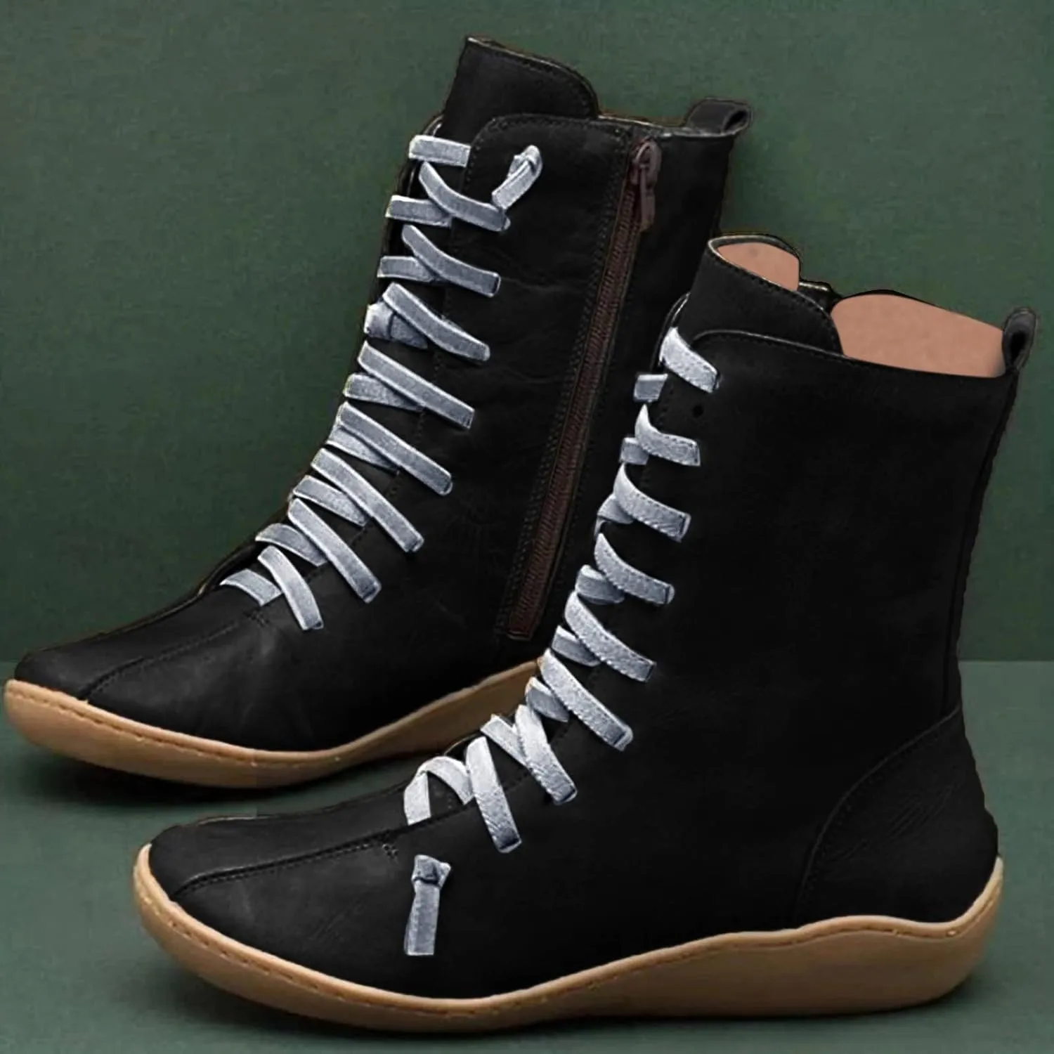 Women's Casual Boots Work Boots for Women Wide WidthWomen's Retro Mid-Calf Boots Solid Color Lace-up Short Boots