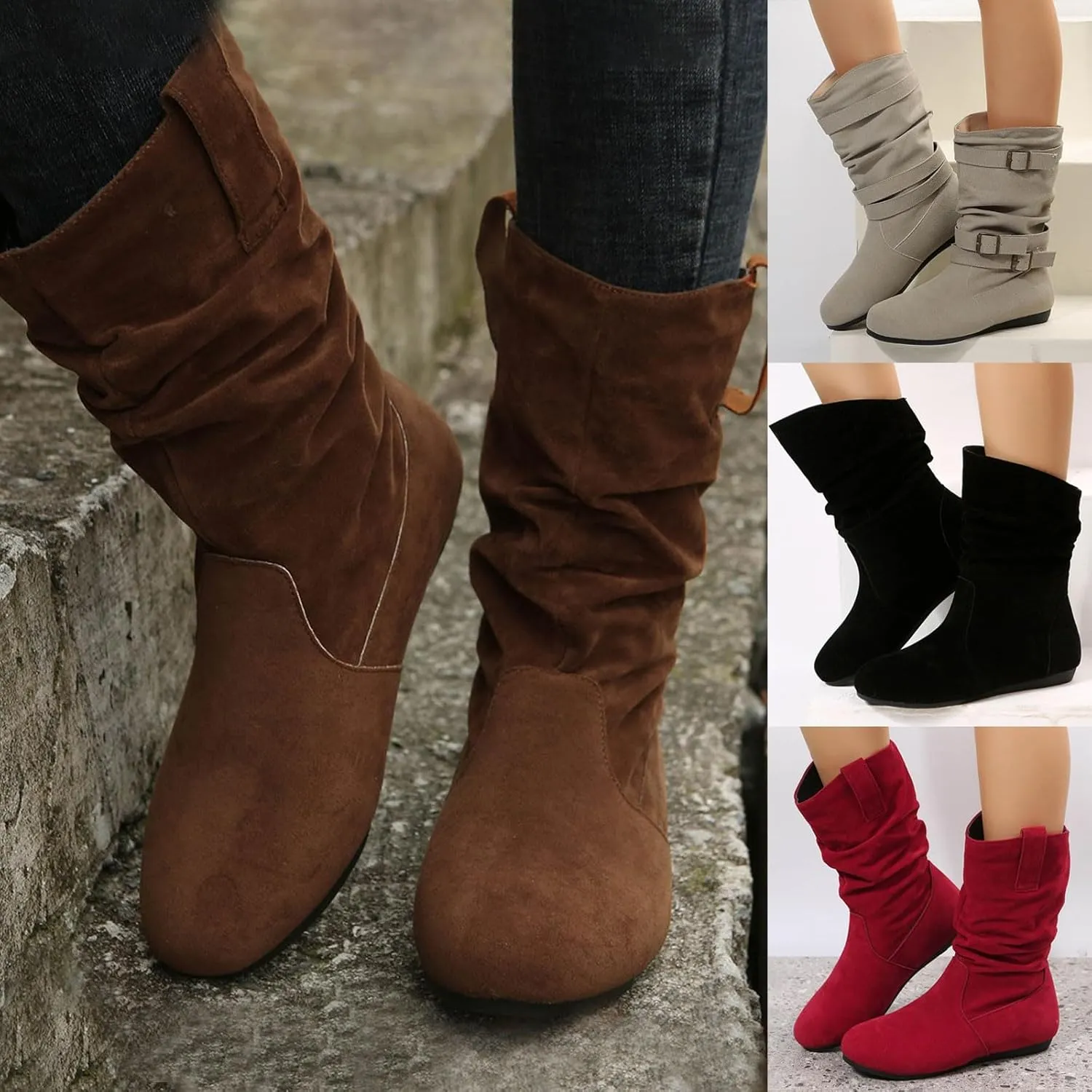 Womens Casual Western Boots Mid Calf Boots for Women Ladies British Fashion Suede Pleated Round Toe Casual Boots