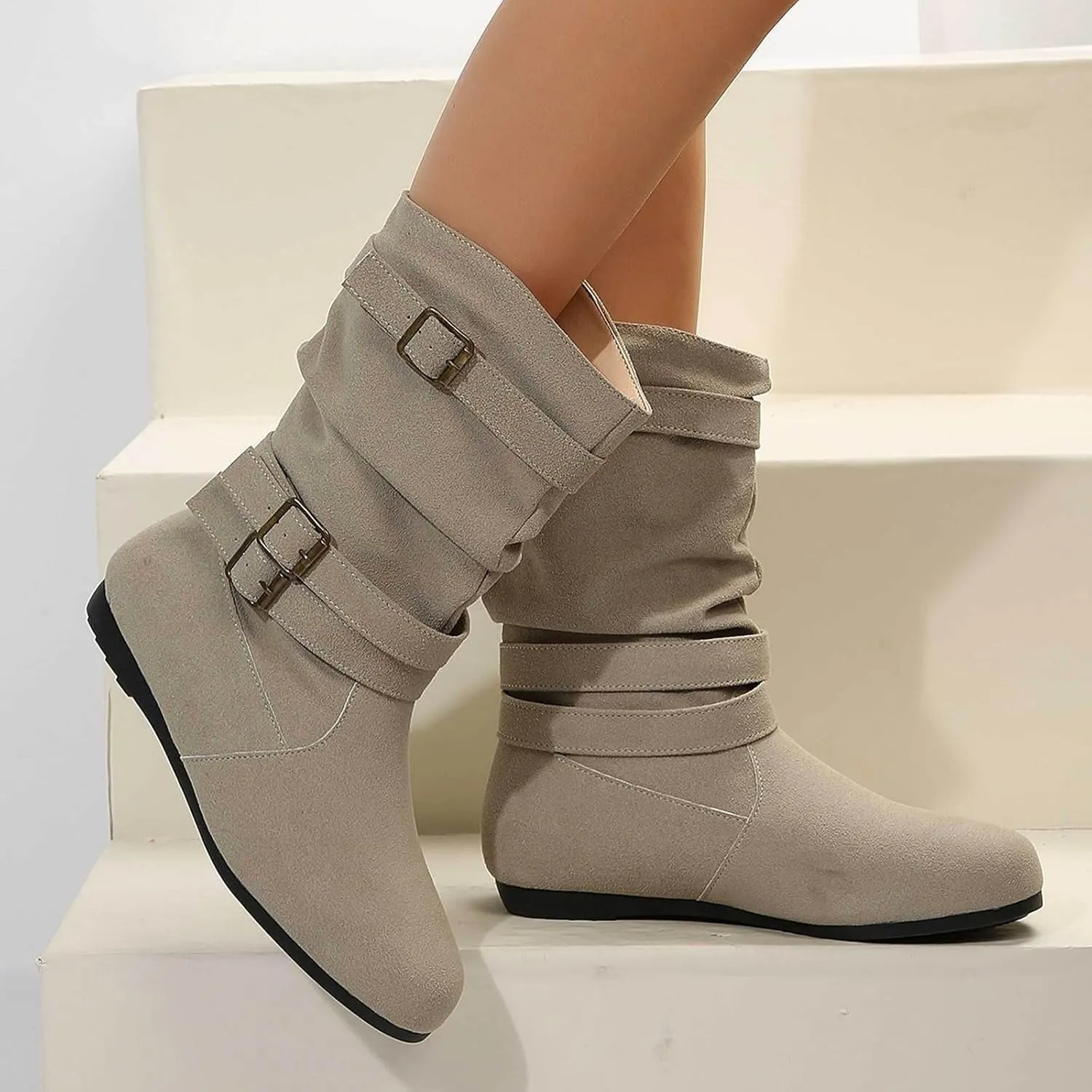 Womens Casual Western Boots Mid Calf Boots for Women Ladies British Fashion Suede Pleated Round Toe Casual Boots