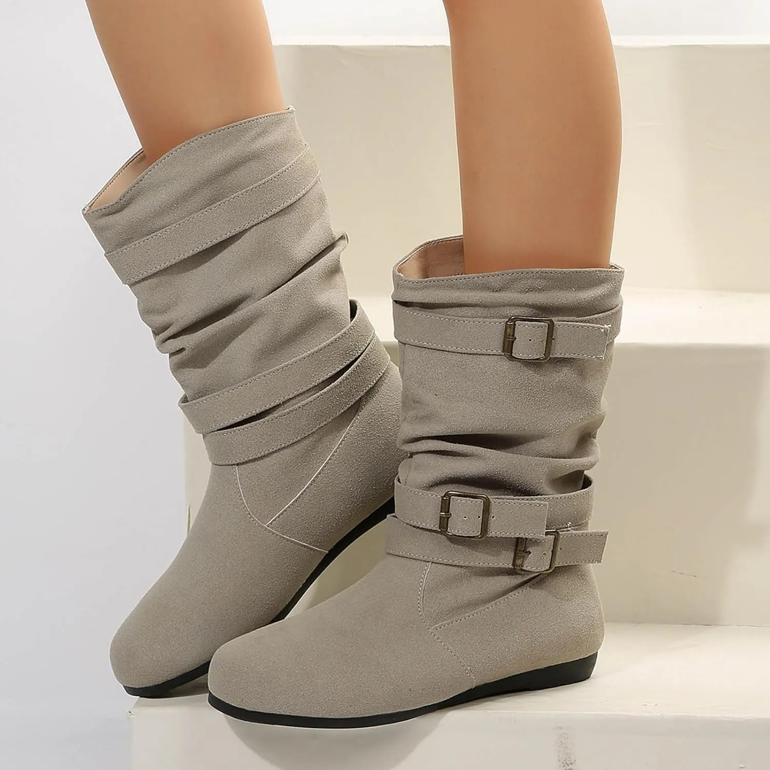 Womens Casual Western Boots Mid Calf Boots for Women Ladies British Fashion Suede Pleated Round Toe Casual Boots