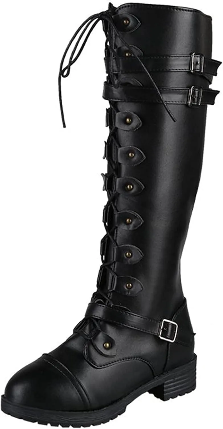 Womens Combat Boots,Low Heel Round Toe Tall Boots with Multi Adjustable Buckl Strap Long Strappy Lace Up Knee High Boots Classic Steampunk High Boots for Women Winter Fall Walking Hiking