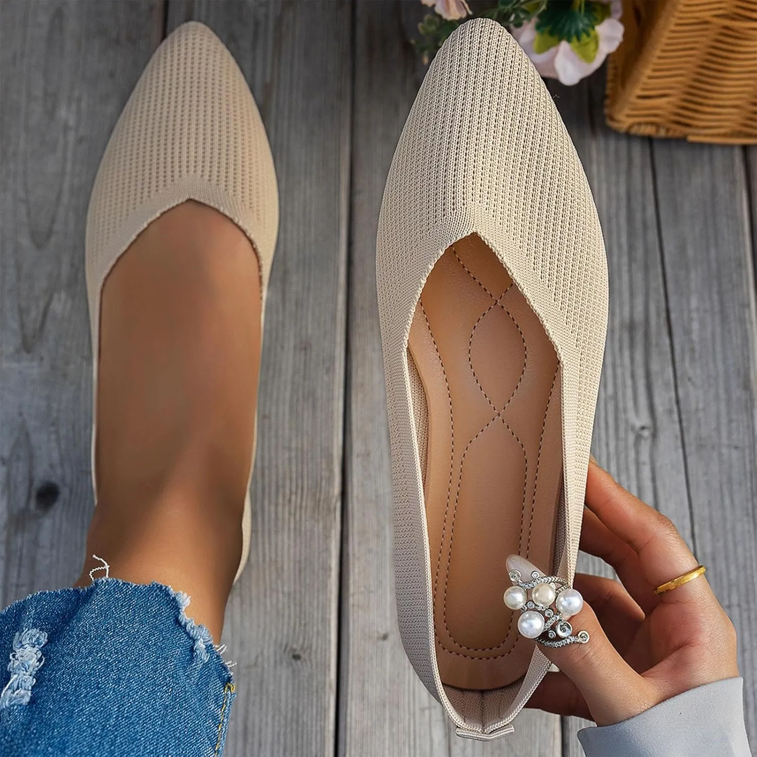 Women's Flats Shoes Comfortable Dress Shoe Pointed Toe Flat Ballet Mesh Knit Dressy Slip on Business Casual Shoes