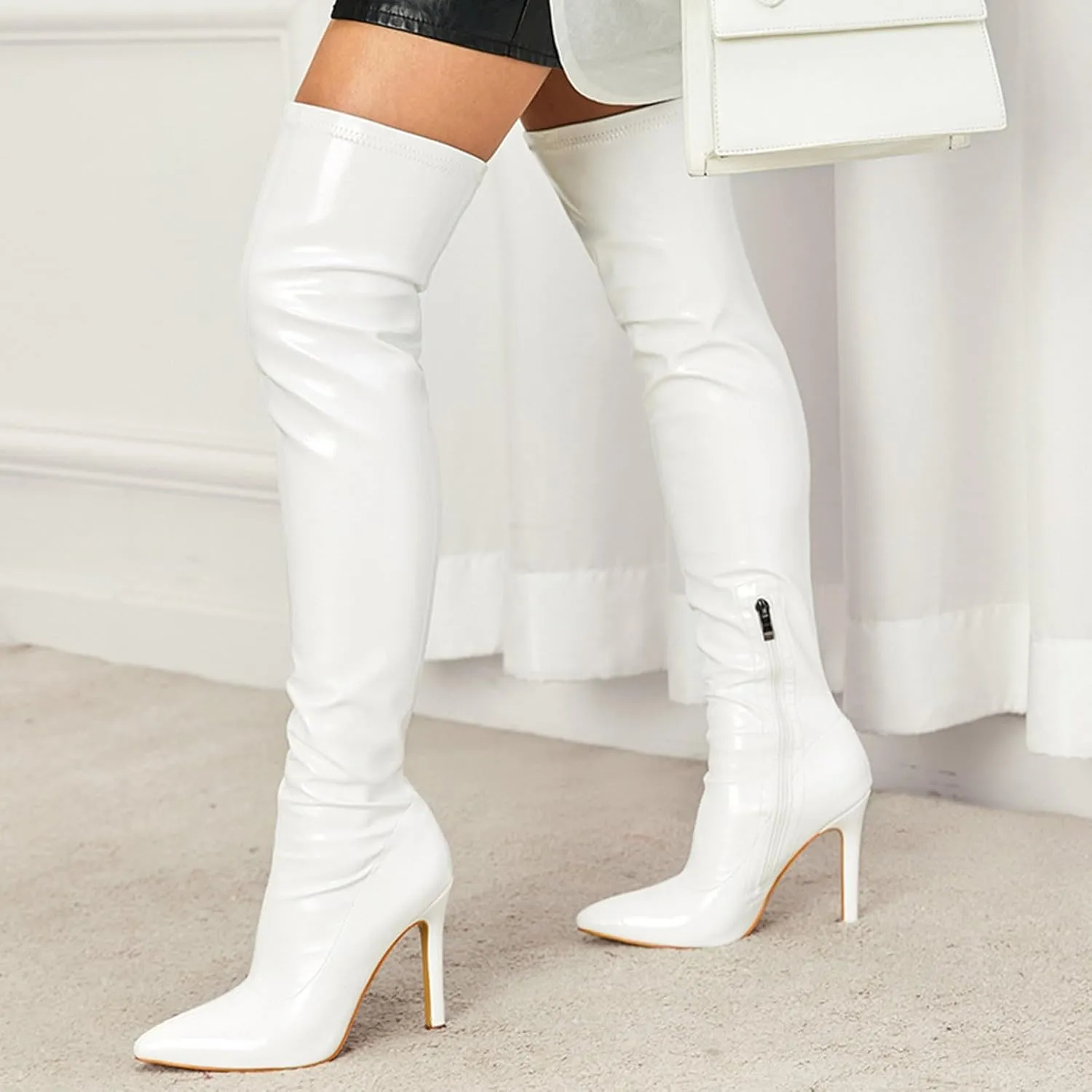 Women's Over The Knee Stretch Thigh High Boots Chunky High Heels Pointed Toe Long Fall Boots Knee High Cowboy Mid Calf