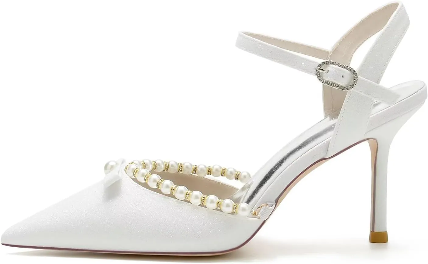 Women's Pearl Kitten Heeled Wedding Shoes for Bride Pointed Closed Toe Pumps Satin Slingback Bridal Party Dress Shoes