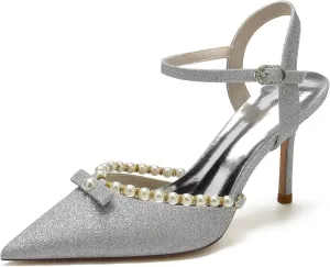 Women's Pearl Kitten Heeled Wedding Shoes for Bride Pointed Closed Toe Pumps Satin Slingback Bridal Party Dress Shoes