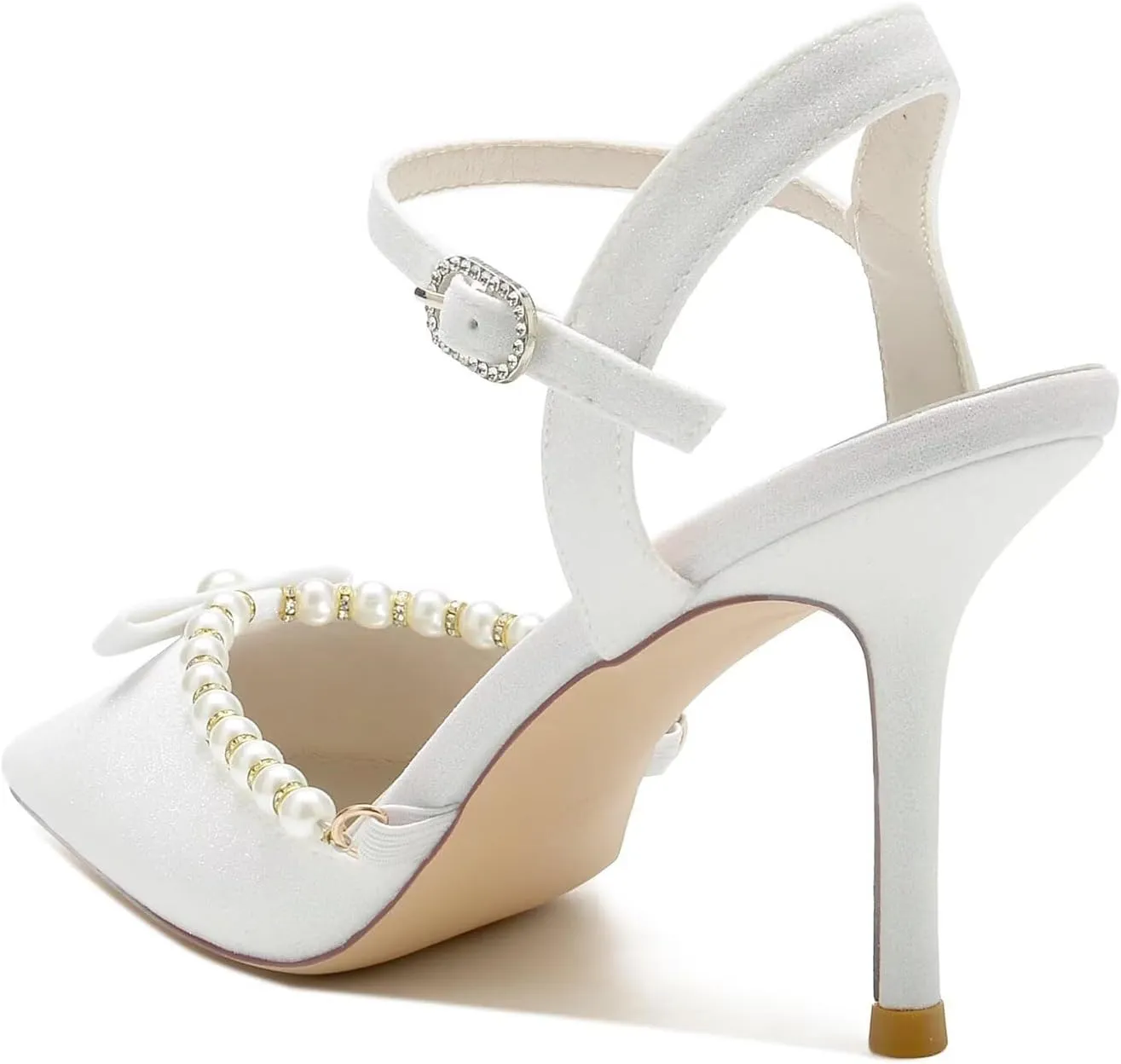 Women's Pearl Kitten Heeled Wedding Shoes for Bride Pointed Closed Toe Pumps Satin Slingback Bridal Party Dress Shoes