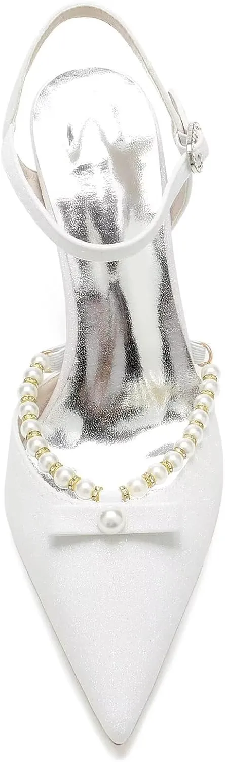 Women's Pearl Kitten Heeled Wedding Shoes for Bride Pointed Closed Toe Pumps Satin Slingback Bridal Party Dress Shoes