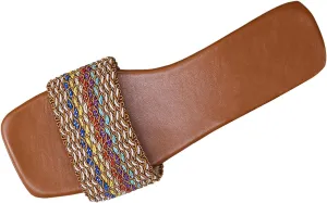 Women's Summer Colorful Woven Fabric Decorated Line Slippers Outdoor Casual Fashion Slippers Crock Shoes Slide Women