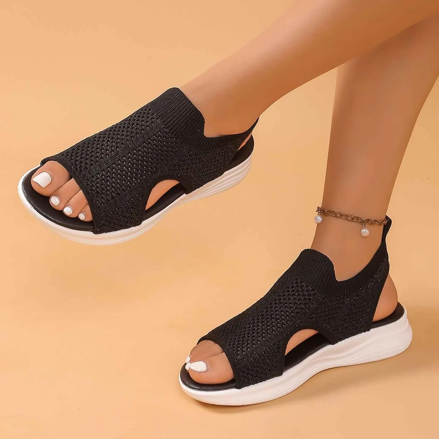 Women's Summer Sandals Casual Toe Flat Slip On Comfortable Beach Walking Shoes with Mesh Fabric for Vacation