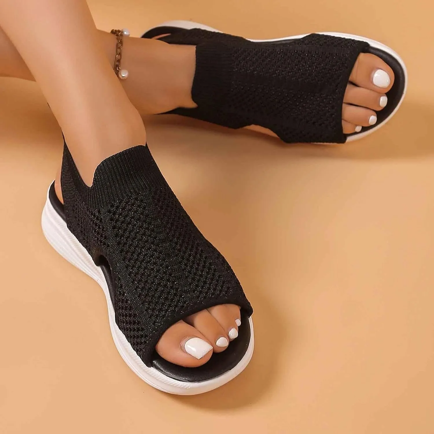 Women's Summer Sandals Casual Toe Flat Slip On Comfortable Beach Walking Shoes with Mesh Fabric for Vacation