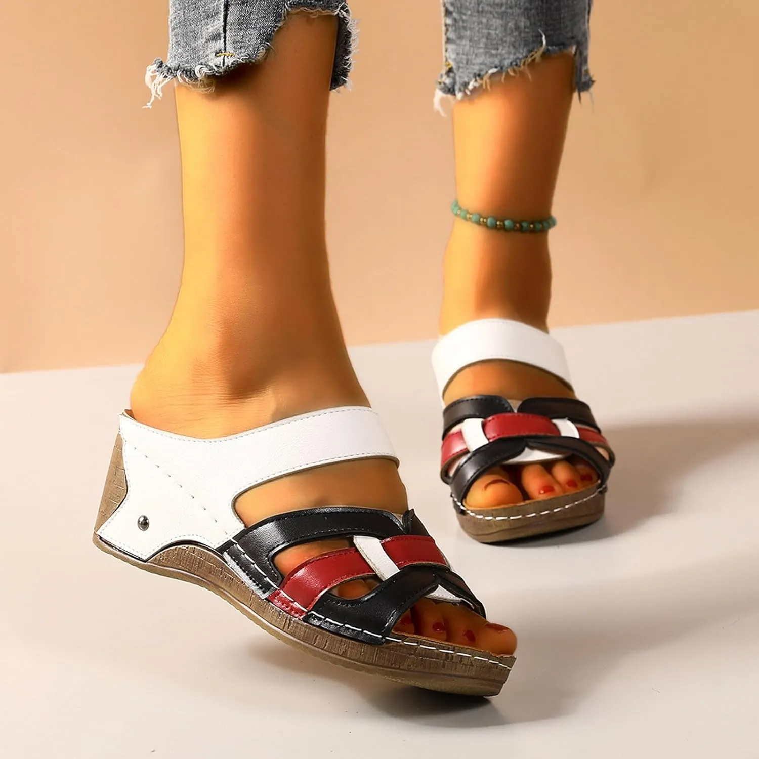 Women's Summer Wedge Sandals Open Toe Slip On Platform Casual Beach Walking Shoes Comfortable Breathable Arch Support Fashion Slippers for Travel Yoga Outing
