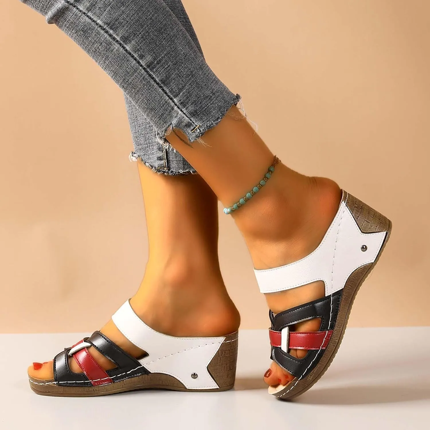 Women's Summer Wedge Sandals Open Toe Slip On Platform Casual Beach Walking Shoes Comfortable Breathable Arch Support Fashion Slippers for Travel Yoga Outing