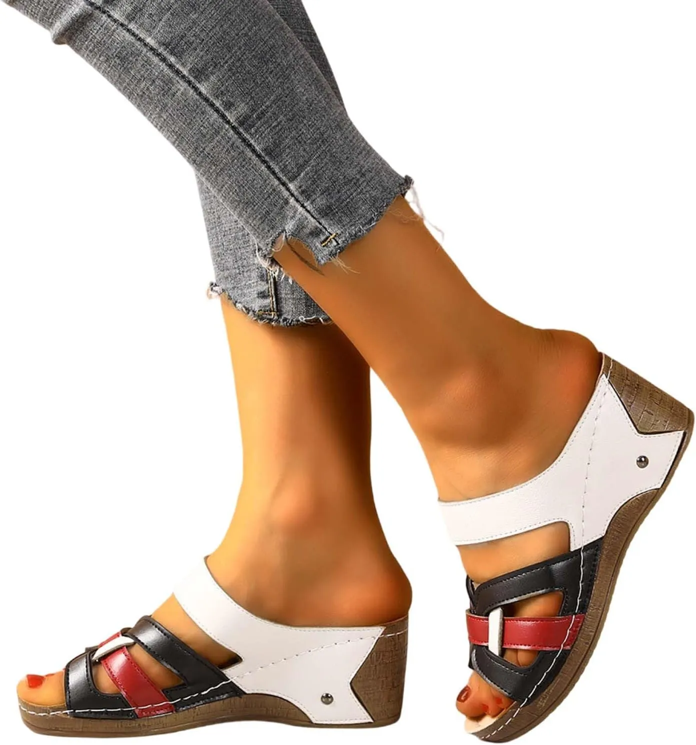 Women's Summer Wedge Sandals Open Toe Slip On Platform Casual Beach Walking Shoes Comfortable Breathable Arch Support Fashion Slippers for Travel Yoga Outing