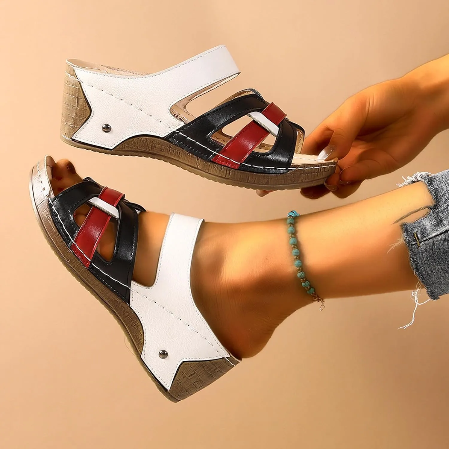 Women's Summer Wedge Sandals Open Toe Slip On Platform Casual Beach Walking Shoes Comfortable Breathable Arch Support Fashion Slippers for Travel Yoga Outing