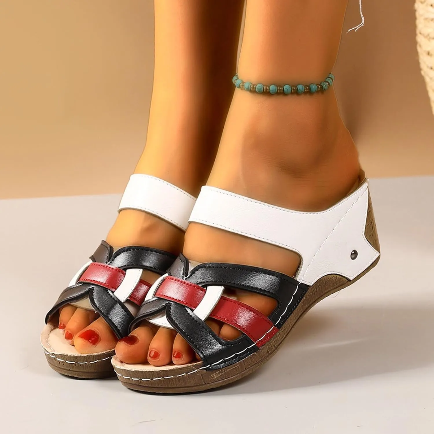 Women's Summer Wedge Sandals Open Toe Slip On Platform Casual Beach Walking Shoes Comfortable Breathable Arch Support Fashion Slippers for Travel Yoga Outing