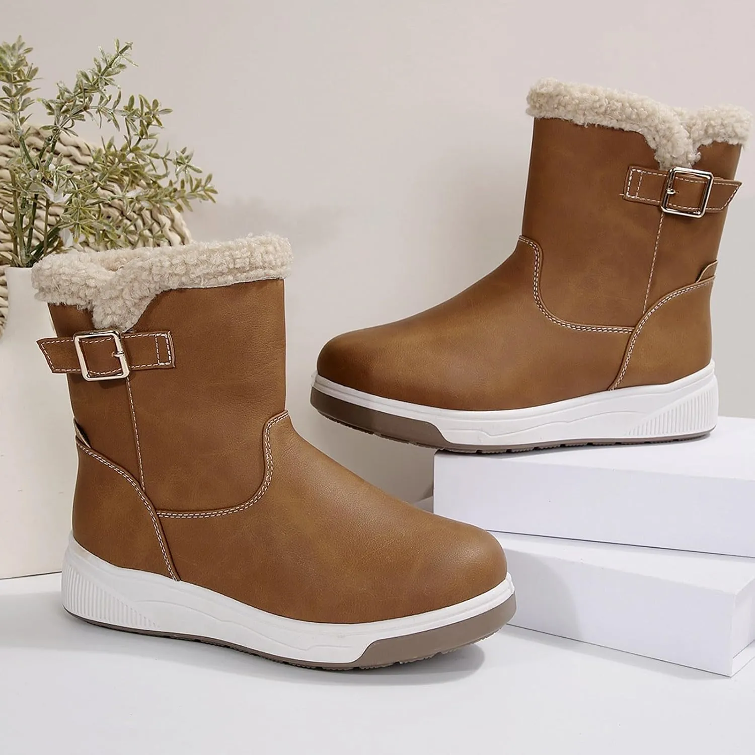 Womens Winter Snow BootsWalking Warm Faux Fur Lined Mid-Calf Hiking Booties Waterproof