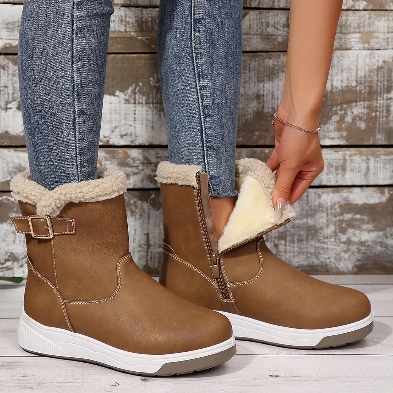 Womens Winter Snow BootsWalking Warm Faux Fur Lined Mid-Calf Hiking Booties Waterproof