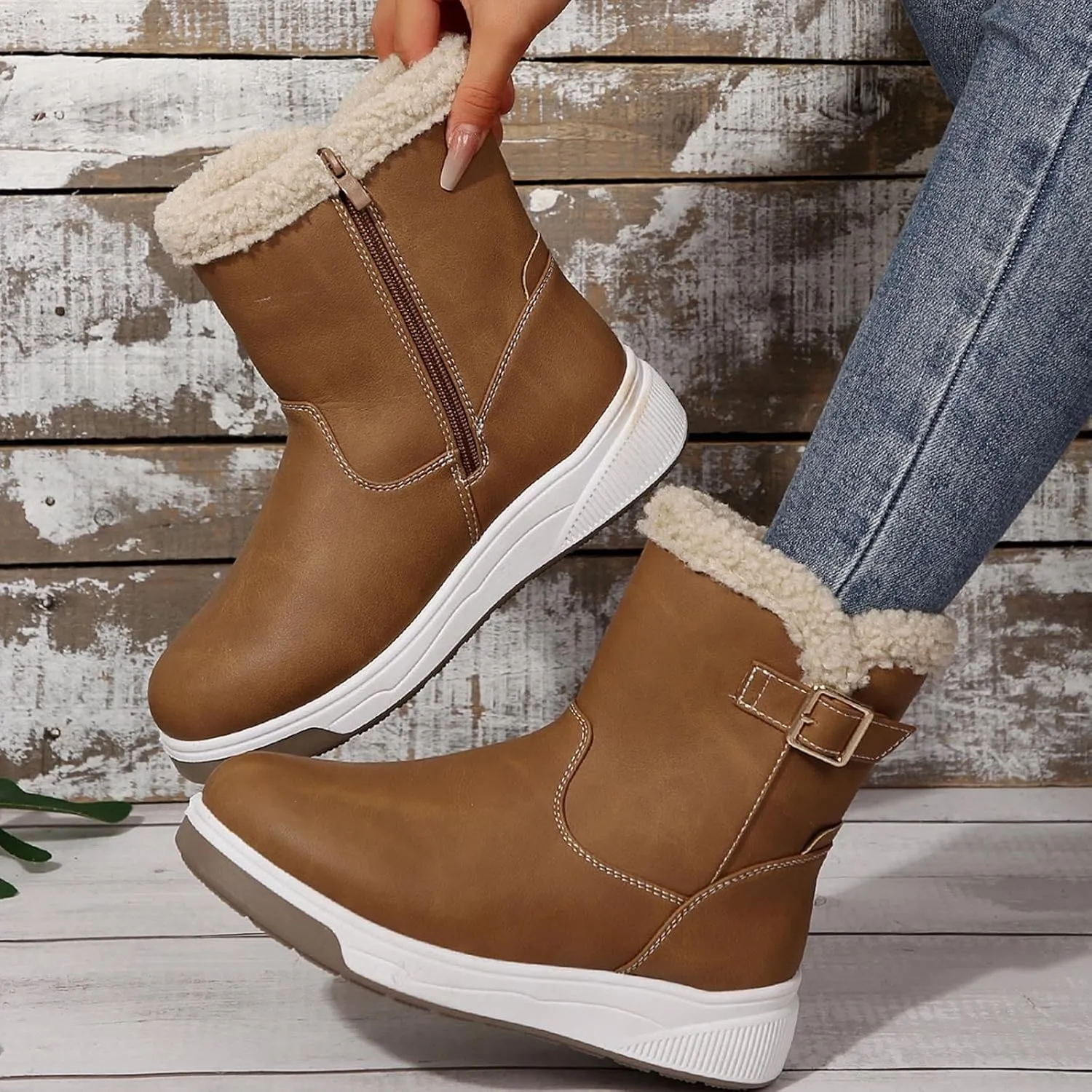 Womens Winter Snow BootsWalking Warm Faux Fur Lined Mid-Calf Hiking Booties Waterproof